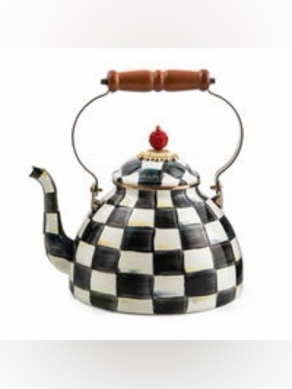 MacKenzie-Childs Courtly Check Enamel 3 Qt Tea Kettle Black White Like New